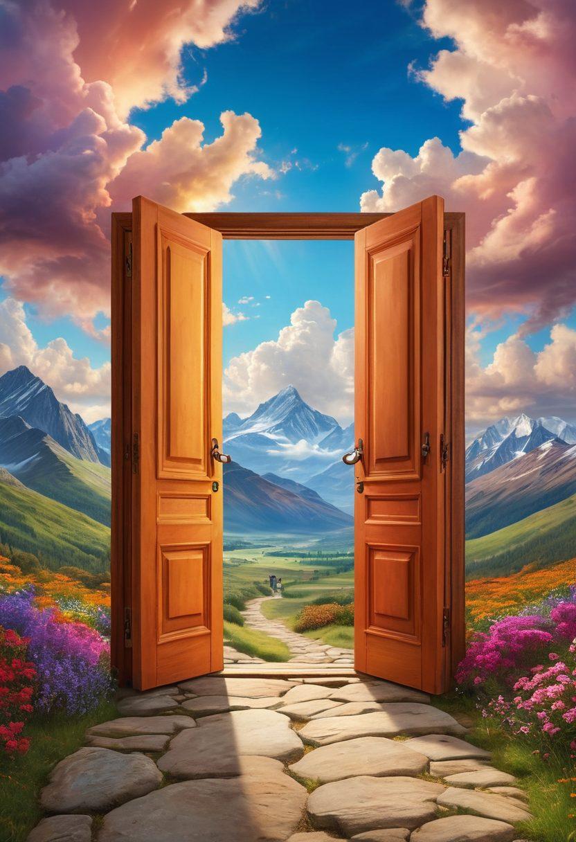 A serene landscape depicting two open doors leading to a vibrant world, symbolizing trust and adventure. Joyful couples of diverse backgrounds are joyfully exploring nature together, sharing experiences, and fostering connections. The backdrop features mountains and a bright sky filled with soft clouds, representing the journey of open relationships. The scene is imbued with warmth and acceptance. super-realistic. vibrant colors. natural setting.