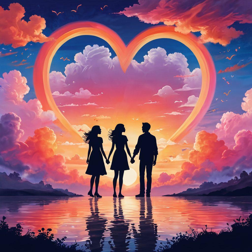 A whimsical scene depicting a couple in the center, smiling and holding hands, surrounded by floating heart-shaped clouds that transition into silhouettes of other couples playfully interacting around them. Vibrant colors add a touch of warmth and joy, with a sunset backdrop symbolizing growth and connection. The atmosphere should feel open and inviting, hinting at adventure and love's evolution. colorful illustration. vibrant colors. dreamy background.