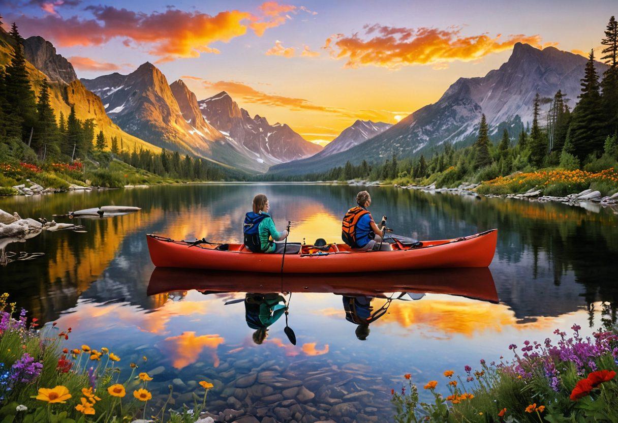 A joyful scene of two adventurous couples exchanging partners, surrounded by a vibrant landscape filled with colorful wildflowers and an inviting sunset. The couples are sharing laughter, engaging in playful activities like hiking and kayaking, symbolizing trust and bonding. Each couple showcases diverse styles and expressions, embodying the spirit of adventure and openness. The background features a picturesque mountain view and a sparkling lake reflecting the warm colors of the sunset. super-realistic. vibrant colors. nature-themed.